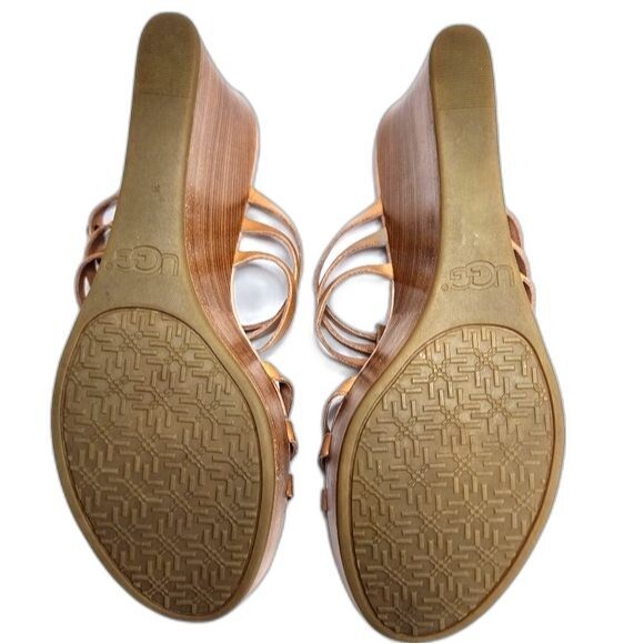 UGG Mattie Straw Accented Tan Leather Slip On Wedge Heeled Sandals Size 10 - Picture 6 of 9